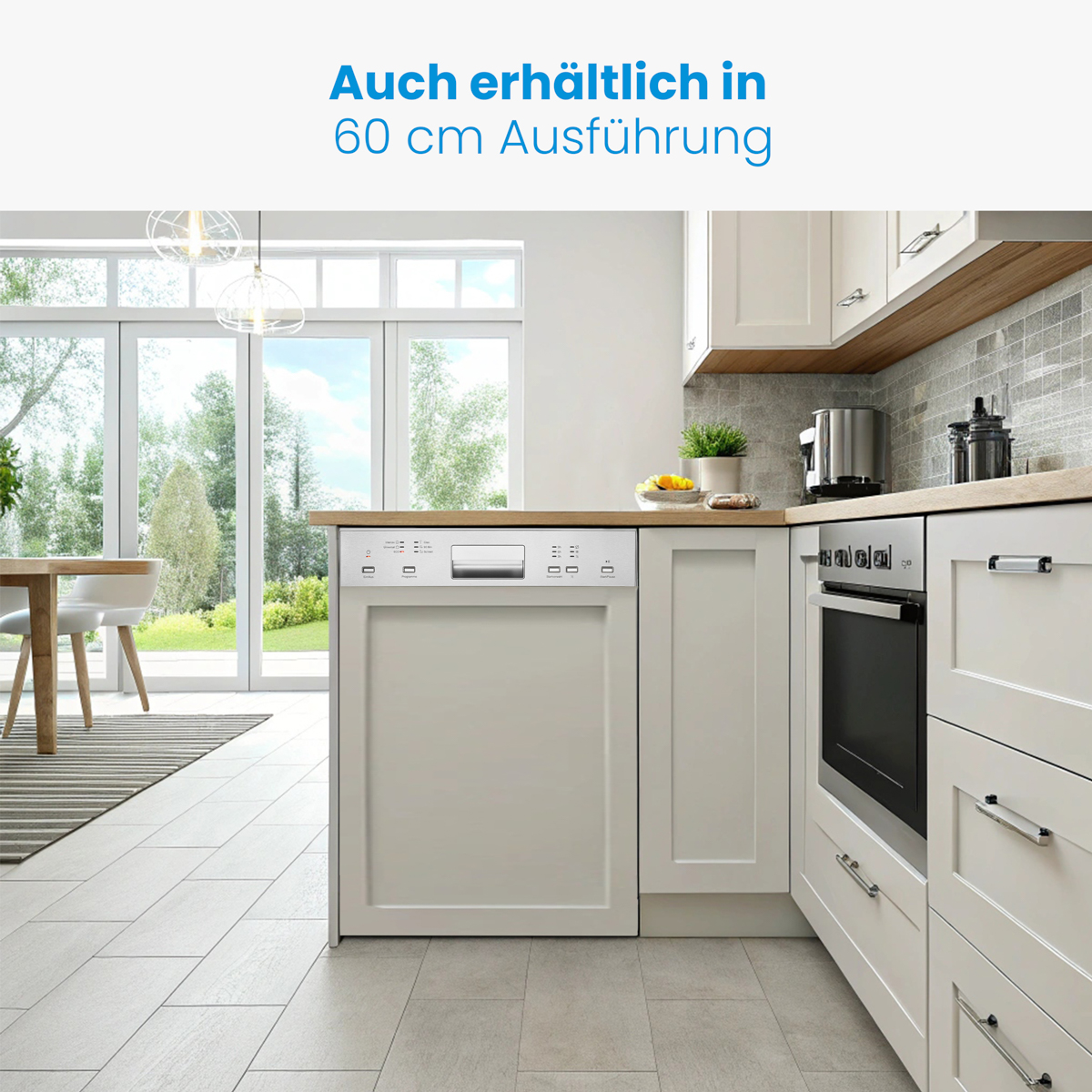 Eine Küche mit weißem Geschirrspüler in Schränke integriert, neben einem Fenster mit Aussicht.