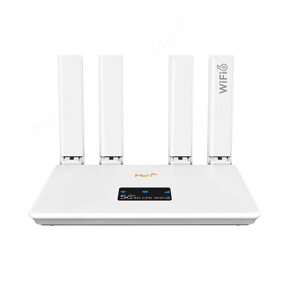Ein weißer Router mit vier Antennen, mit dem Logo MoFi und dem Text 5G CPE WiFi.