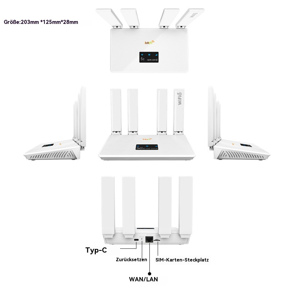 Weißer Router mit Antennen. Abmessungen und Beschriftungen sind sichtbar. Mehrere Ansichten werden gezeigt.