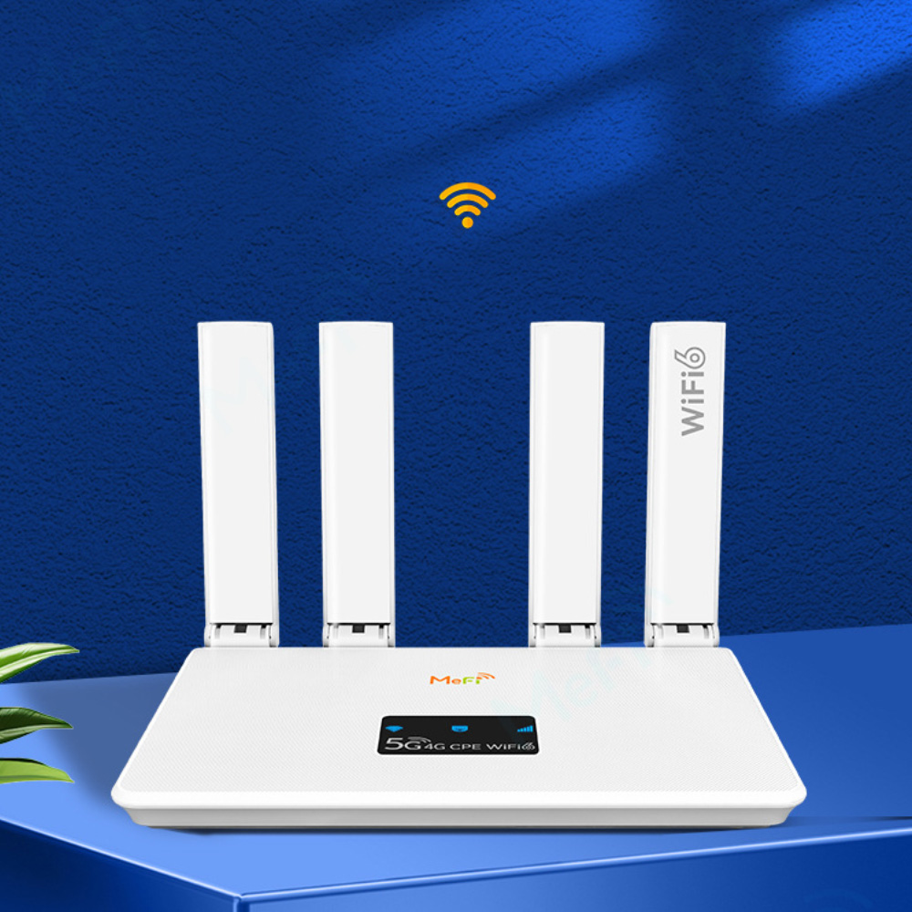 Ein weißer Router mit vier Antennen, mit WiFi 6-Label, auf blauem Grund mit WiFi-Signal.