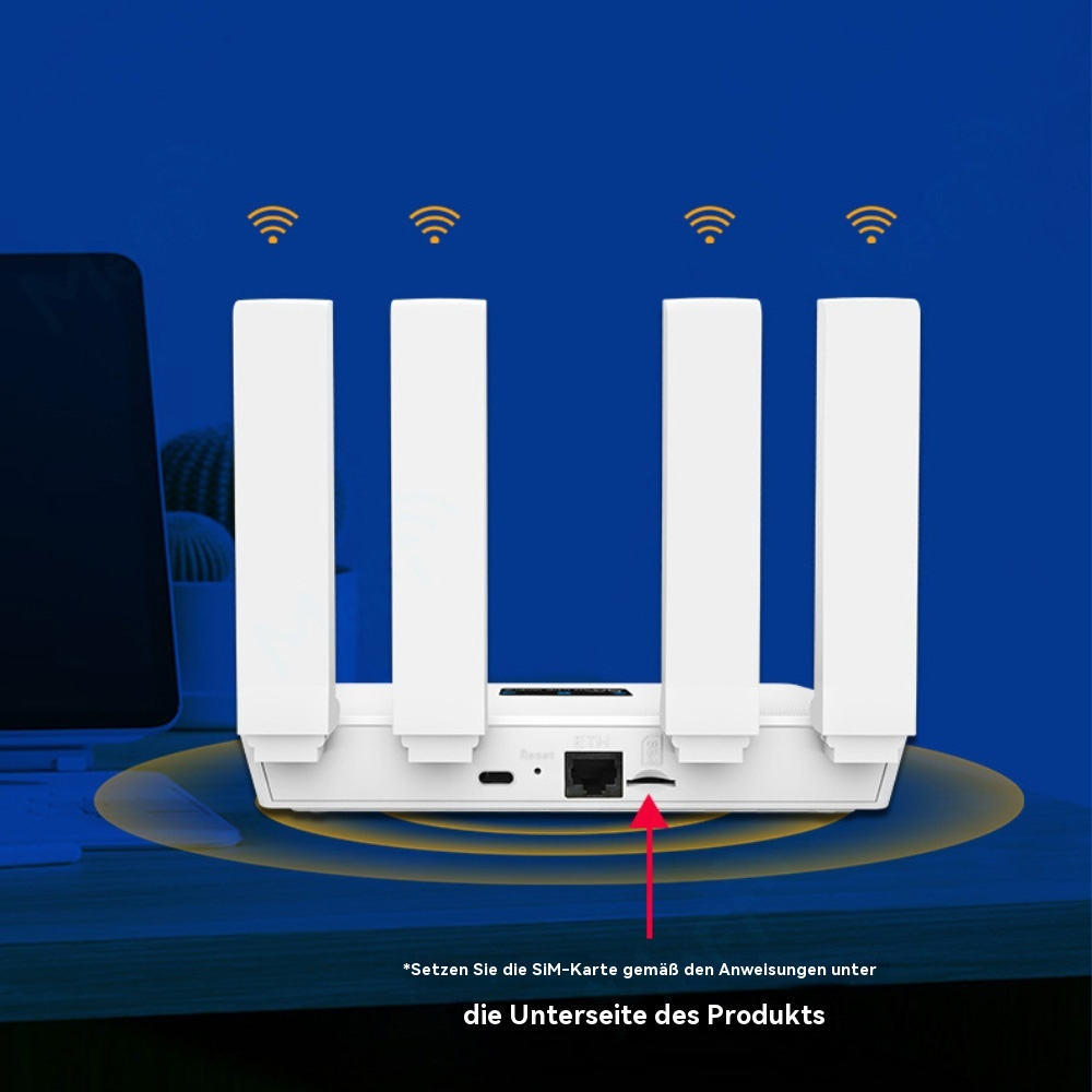 Weißer Router mit Antennen. Rückansicht zeigt Anschlüsse, einschließlich eines SIM-Karten-Slots.