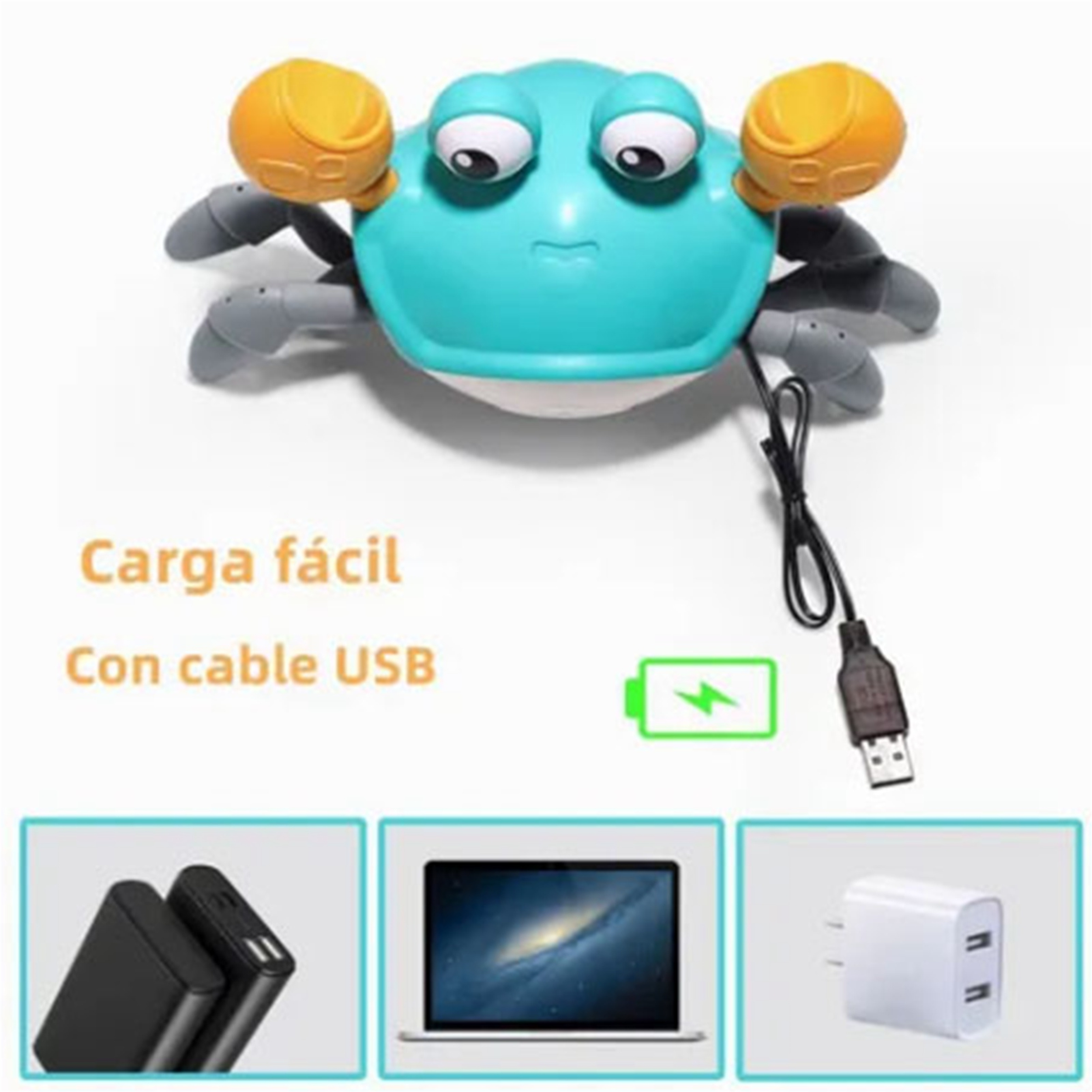 Spielzeugkrabbe mit USB-Kabel und Ladesymbol. USB-Anschlüsse, Laptop und Netzteil sind abgebildet.