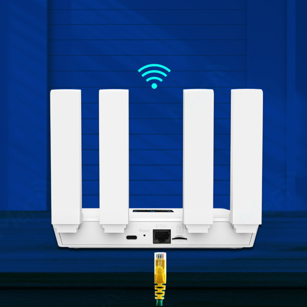 Weißer Router mit Antennen und gelbem Kabel. Das WiFi-Symbol sendet ein Signal.