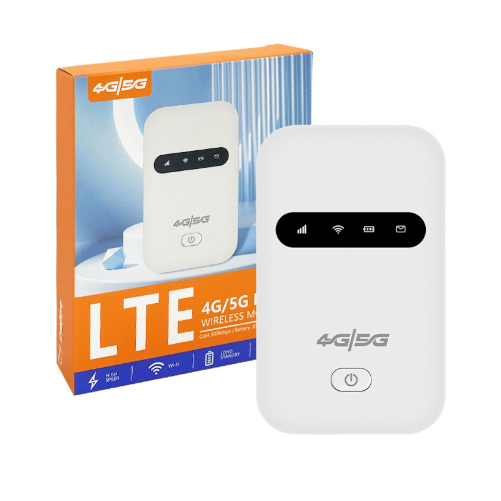 Weißer LTE 4G/5G Wireless-Router vor der Box. Zeigt Leistungs-, WLAN- und Akkustandsanzeigen.