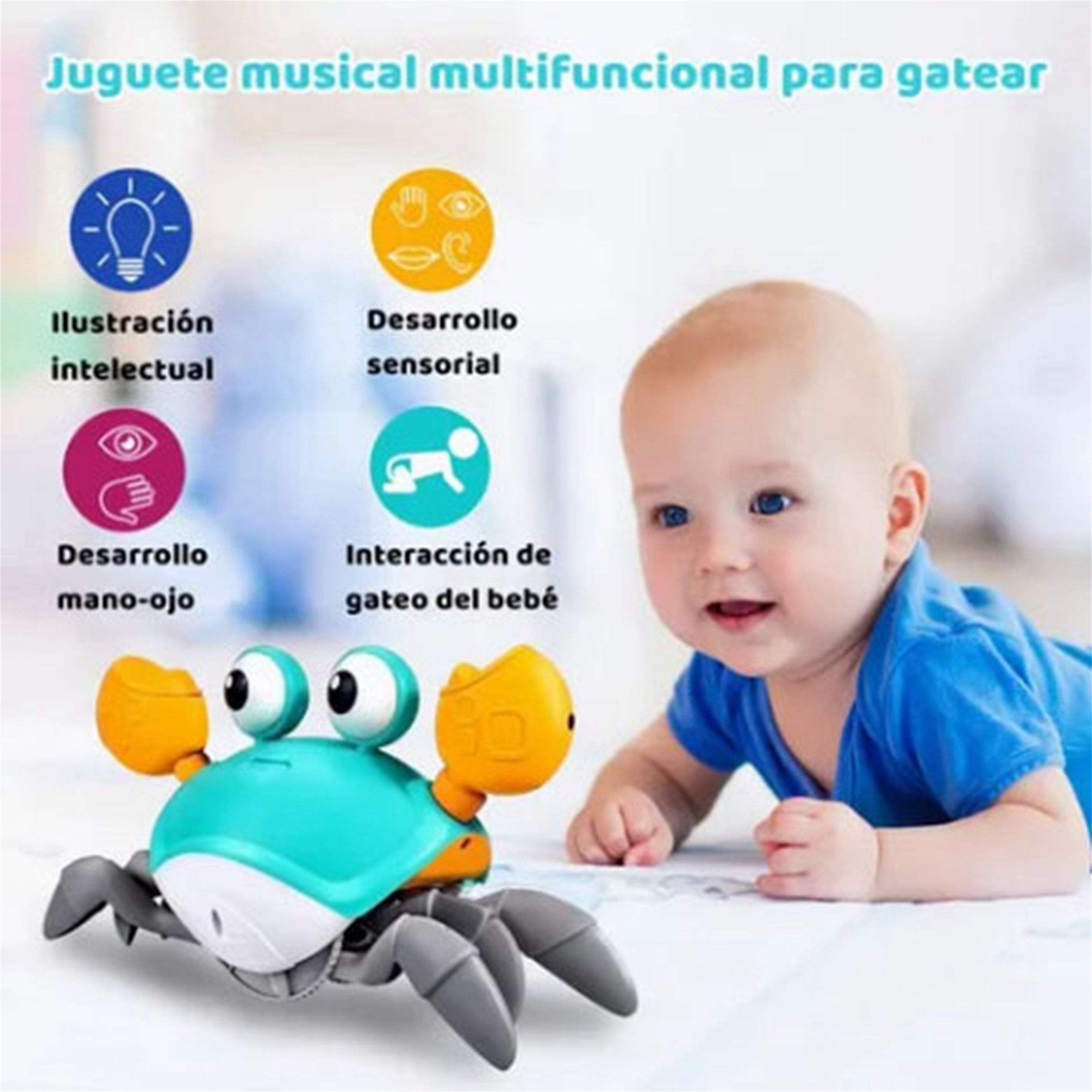 Spielzeugkrabbe und Baby. Die Krabbe hat einen blauen Oberteil, orangefarbene Scheren und graue Beine.