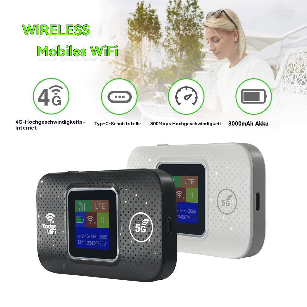 Zwei MiFi-Geräte, schwarz und weiß, mit Bildschirmen. Symbole zeigen 4G, Akku und Signal. Frau benutzt Laptop im Hintergrund.