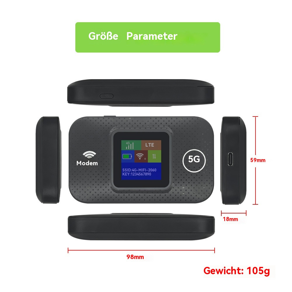 MiFi-Gerät mit Bildschirm. Abmessungen und Gewicht werden angezeigt. Verschiedene Ansichten des Geräts werden gezeigt.