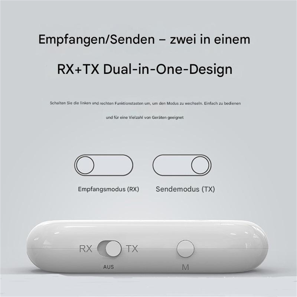 Weißer Bluetooth-Adapter. Text sagt RX und TX, mit einem Modusschalter und einer Taste. Einfaches Design.