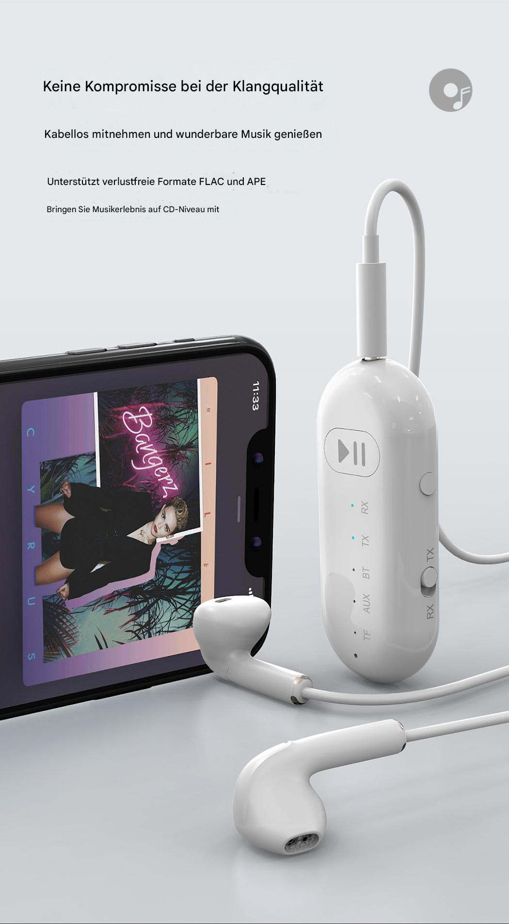 Telefon mit Musik-App, Kopfhörer und weißem Bluetooth-Adapter. Der Adapter ist mit den Kopfhörern verbunden.