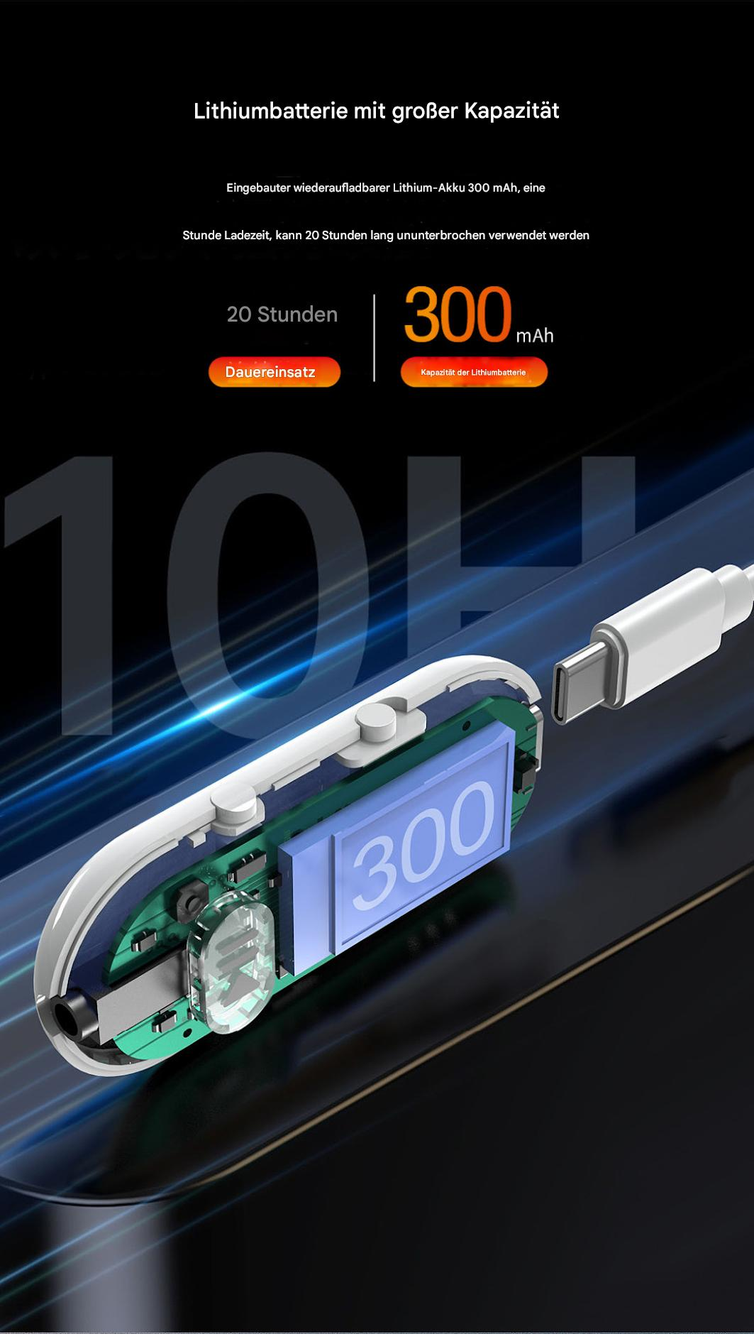 Ein weißes Gerät mit transparentem Fenster, das Akku und Komponenten zeigt. Ein USB-C-Kabel ist angeschlossen.