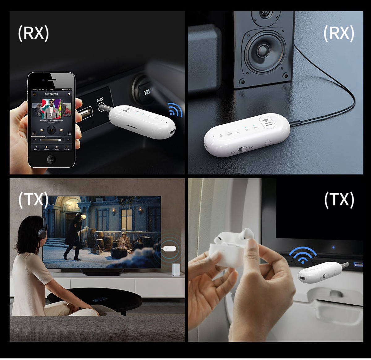 Vier Bilder, die die Verwendung des Bluetooth-Adapters zeigen. Verwendung mit Telefon im Auto, Lautsprecher, Fernseher und Kopfhörern. Verschiedene Szenarien.