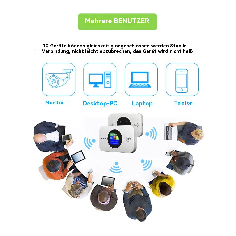 Personen, die Tablets, Laptops und Telefone verwenden, die mit einem WLAN-Gerät verbunden sind.