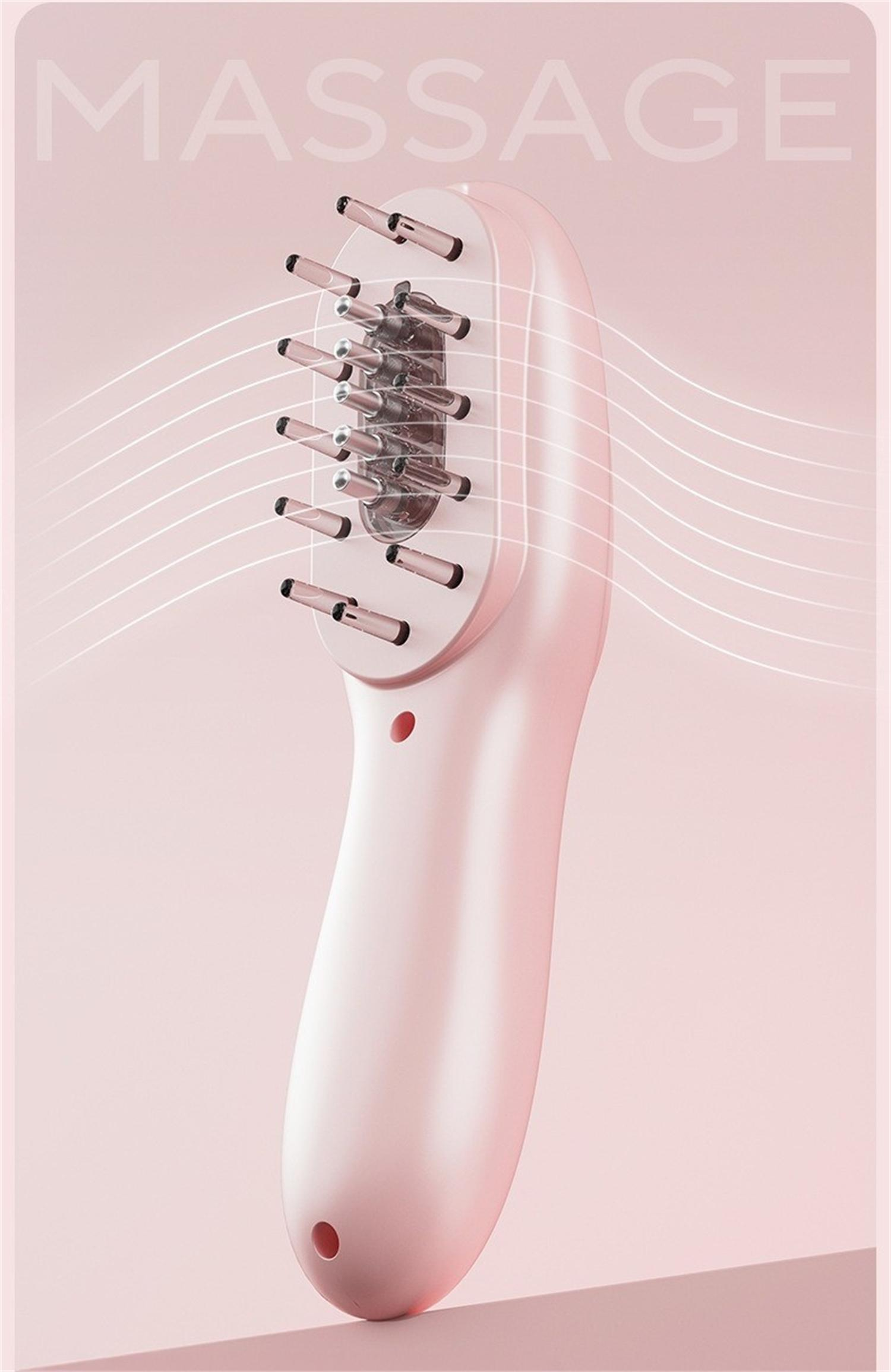 Pinke Massagebürste mit Metallborsten. Das Wort Massage steht oben. Weiße Linien sind sichtbar.