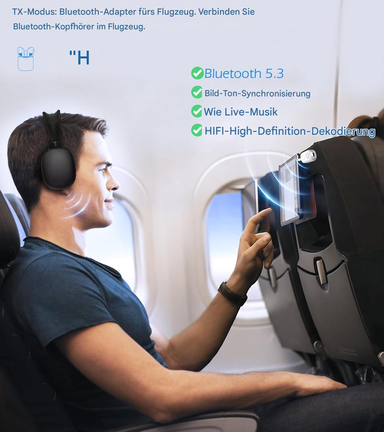 Mann mit Kopfhörern im Flugzeug. Text über Bluetooth 5.3, Audiosynchronisation und HiFi-Dekodierung.