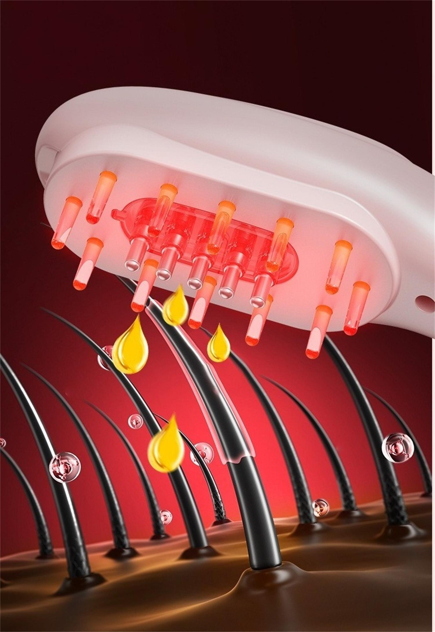 Haare mit Öltropfen, die heruntertropfen. Rotes Licht auf den Borsten der Haarbürste. Roter Hintergrund.