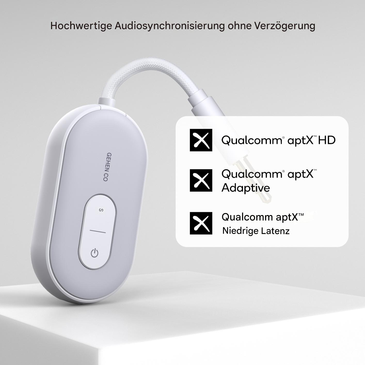 Bluetooth-Audioempfänger mit weißem Kabel. Text zeigt Verbindungstypen.