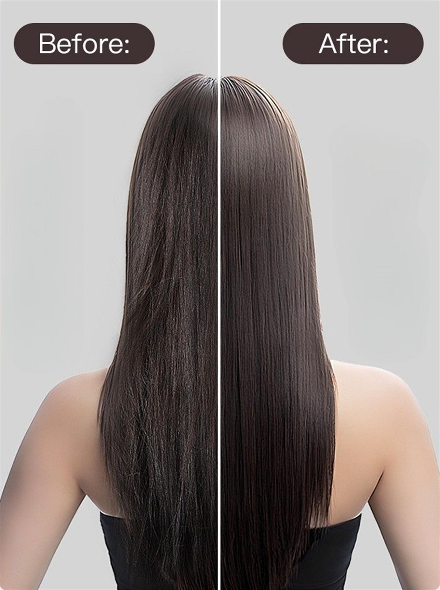 Haarvergleich. Vorher- und Nachher-Aufnahmen von langem, glattem, braunem Haar.