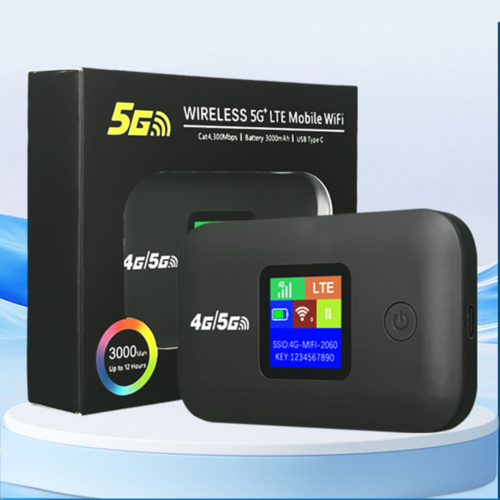 Schwarze 5G LTE WiFi-Gerätebox und das Gerät selbst. Das Gerät hat einen Bildschirm.