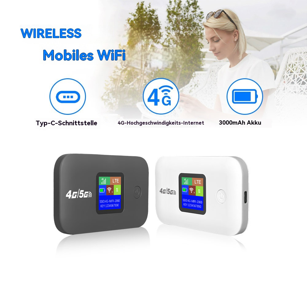 Zwei mobile WLAN-Geräte in Schwarz und Weiß mit Symbolen und eine Frau, die im Hintergrund ein Telefon benutzt.