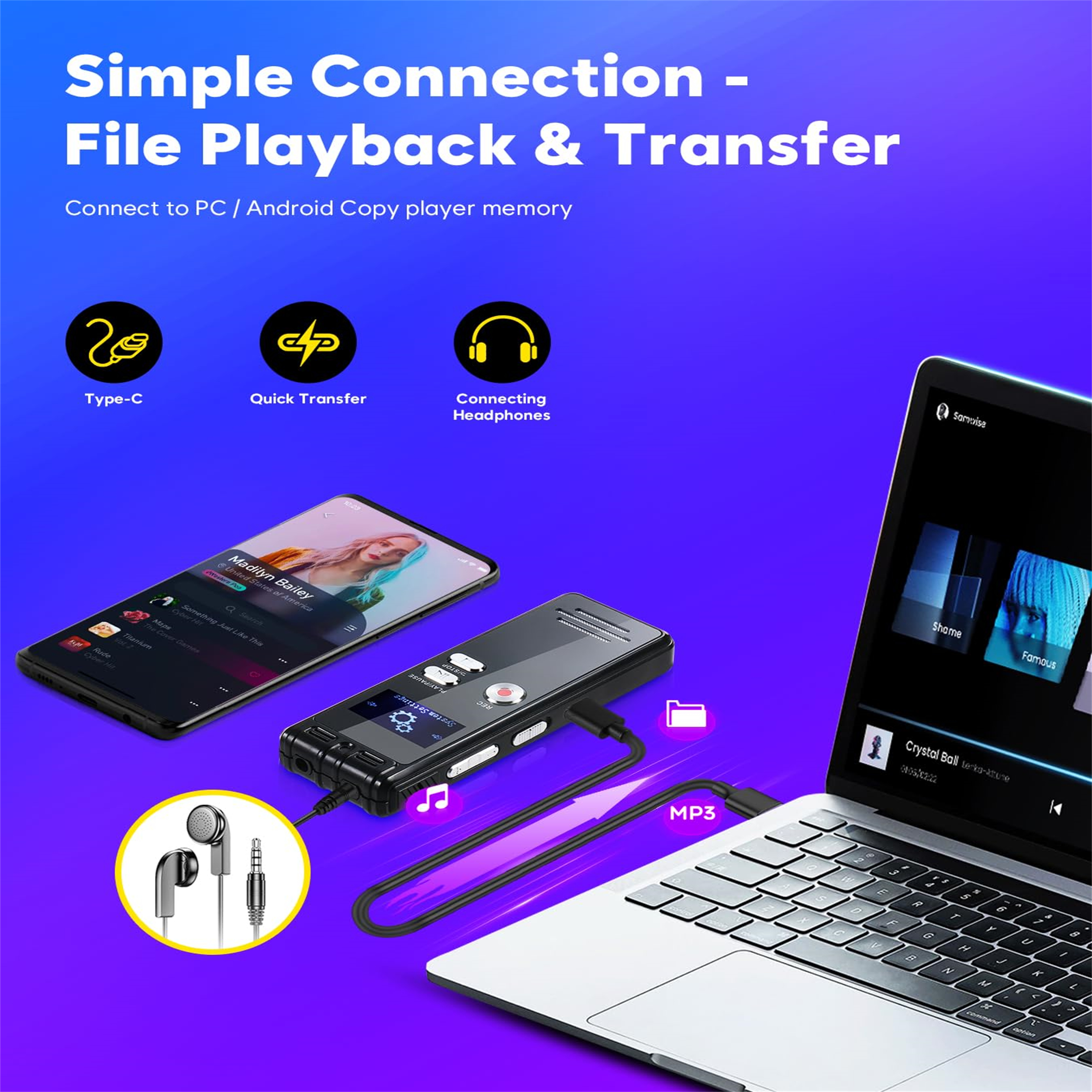Ein digitales Diktiergerät, das mit einem Laptop und Telefon verbunden ist, mit Symbolen, die verschiedene Funktionen anzeigen.
