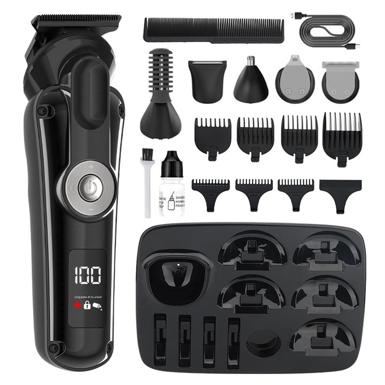 Ein schwarzes Pflege-Kit mit verschiedenen Aufsätzen, darunter ein Trimmer, Kamm und verschiedene Klingengrößen.