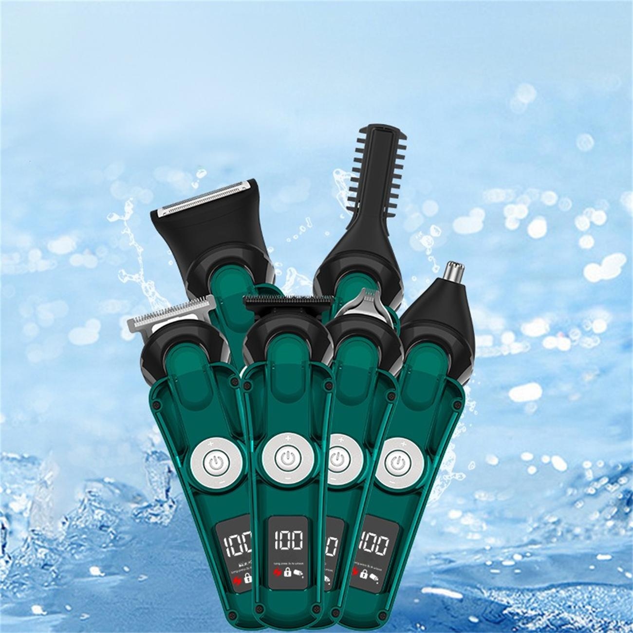Mehrere grüne Pflegegeräte mit Aufsätzen, in einer bouquetartigen Anordnung vor einem Wasserhintergrund.