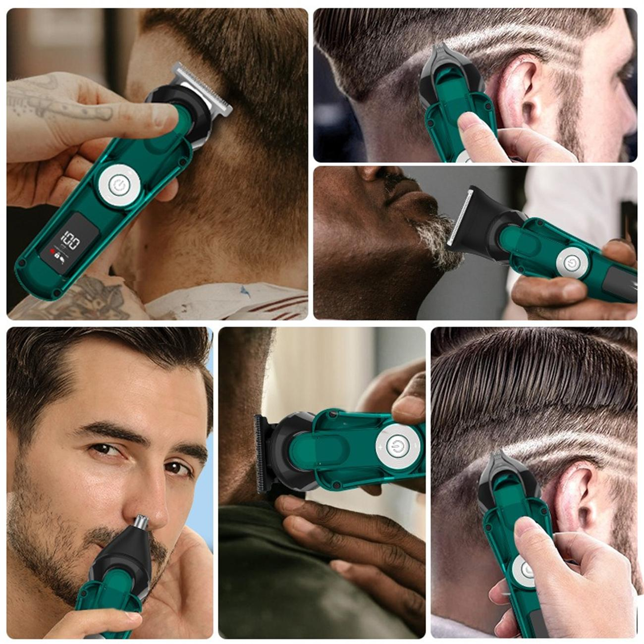 Eine Reihe von Bildern, die zeigen, wie eine Person einen grün-schwarzen Haarschneider an den Haaren und am Bart eines Mannes verwendet.