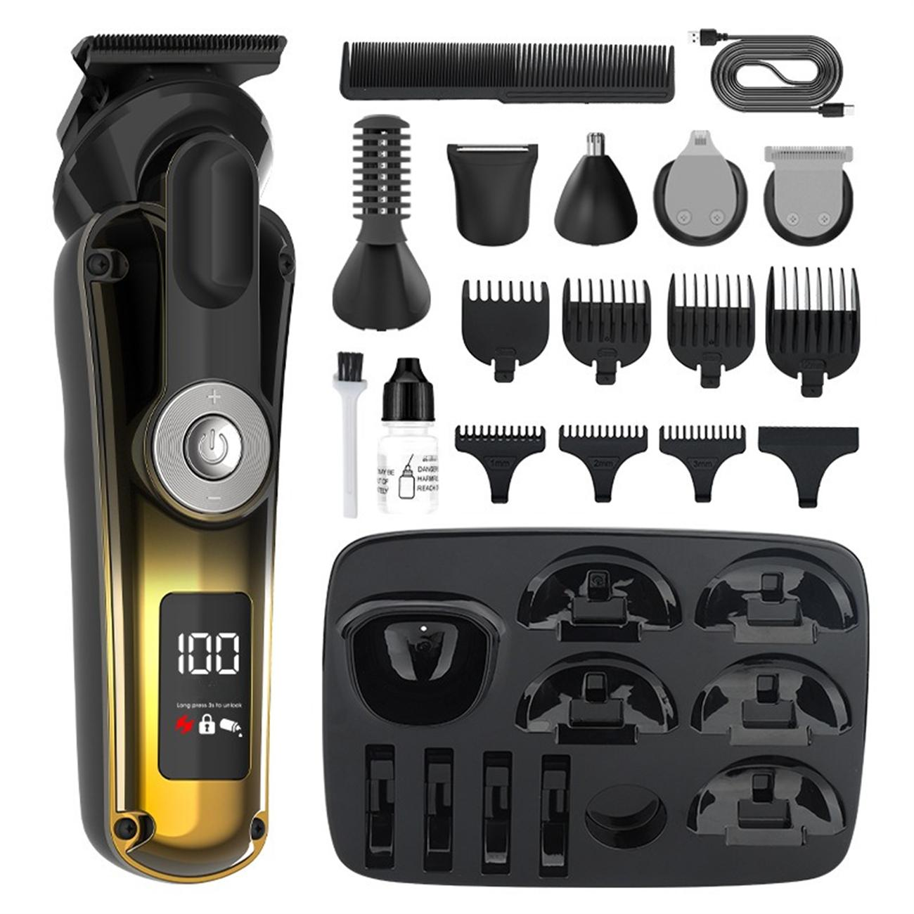 Herren-Pflegeset mit Trimmer, Kamm und verschiedenen Aufsätzen. Digitalanzeige.