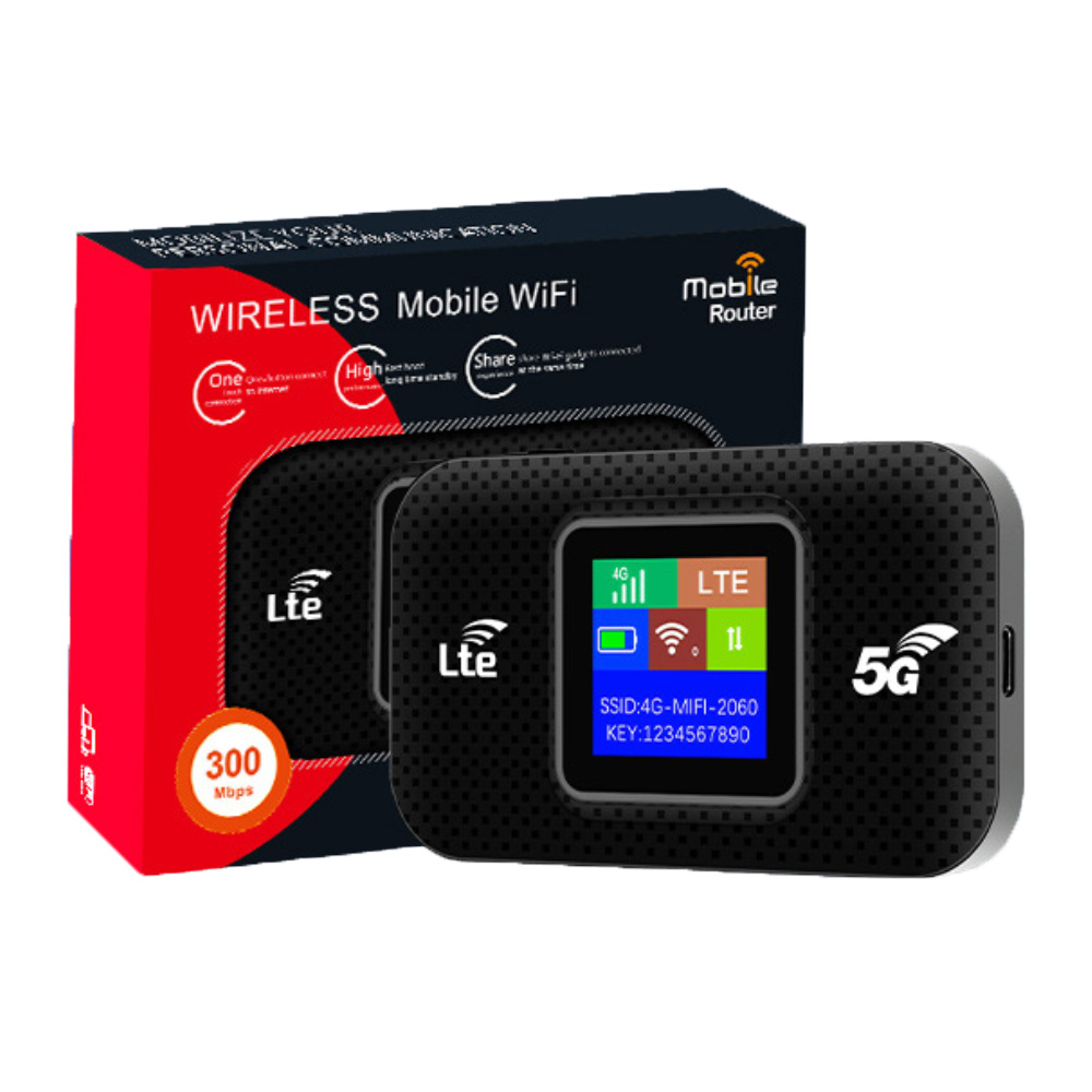 Schwarzer, drahtloser, mobiler WLAN-Router mit Display, Box auf der linken Seite.