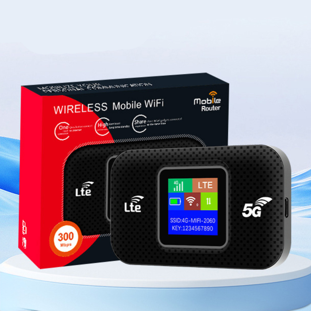 Schwarzer, drahtloser, mobiler WLAN-Router mit Display, und eine Box.