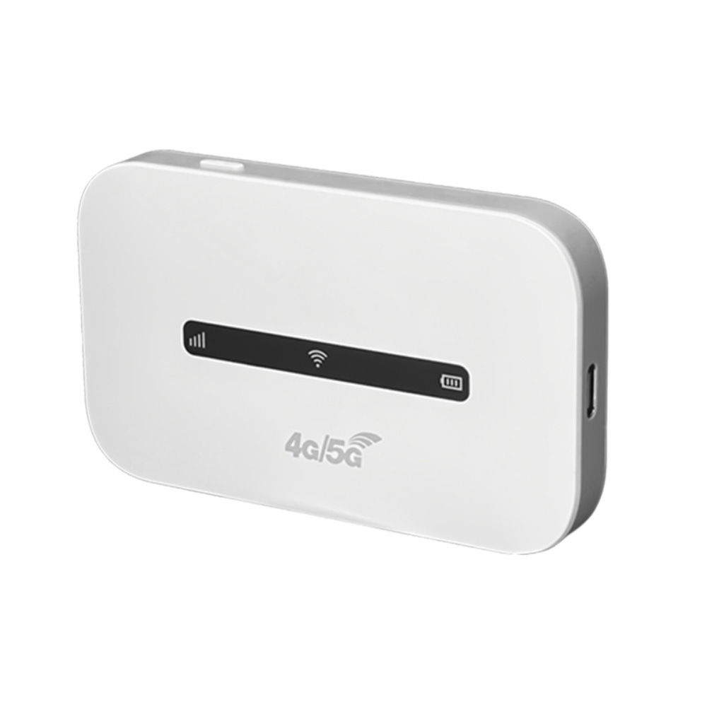 Weißes 4G/5G MiFi-Gerät. Es hat einen kleinen Bildschirm und Knöpfe mit weißem Gehäuse.
