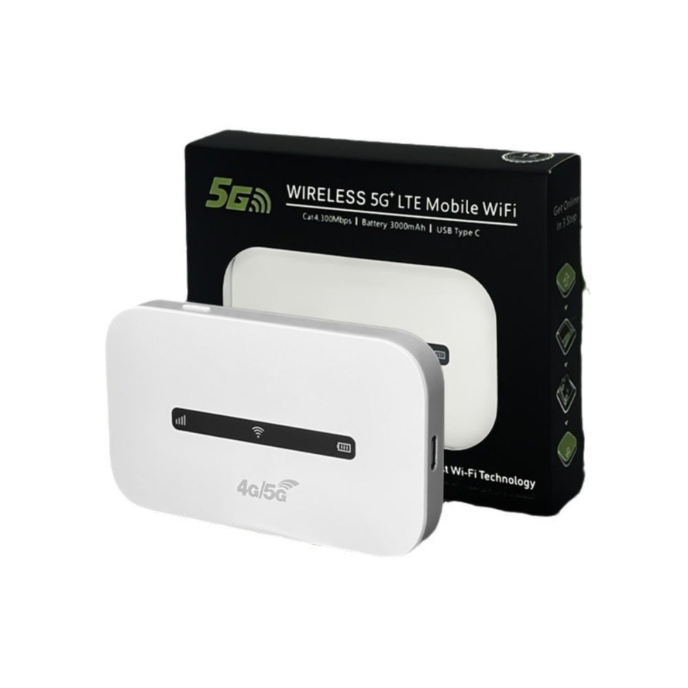 Weißes 5G-WLAN-Mobilgerät mit einer schwarzen Box. Die Box enthält Informationen zum Gerät.