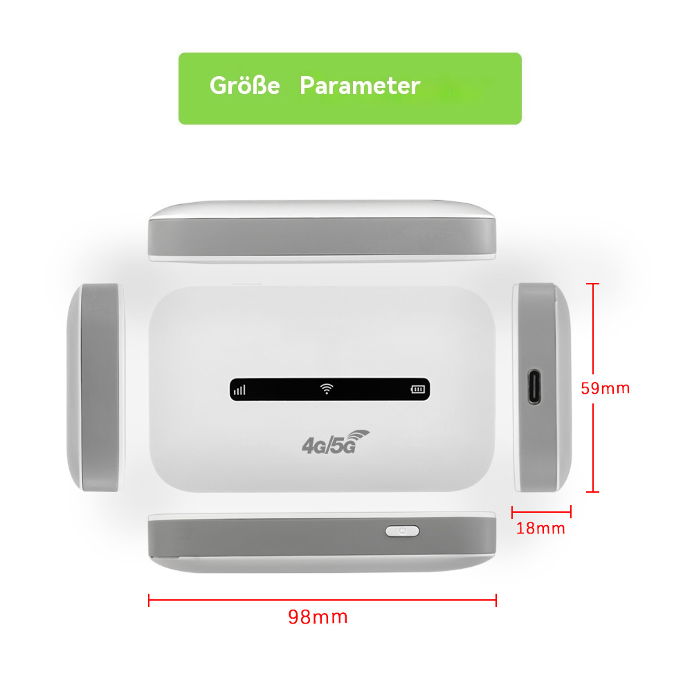 Weißes 5G-WLAN-Mobilgerät. Abmessungen: 98 mm x 59 mm x 18 mm. Verschiedene Ansichten des Geräts.
