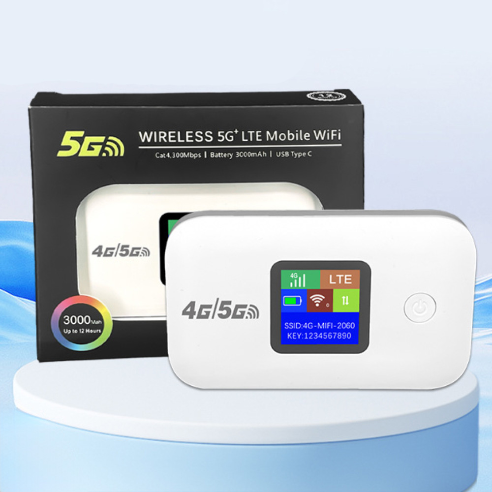 Weißes 5G-WLAN-Mobilgerät und eine Box. Der Gerätebildschirm zeigt Informationen an. Die Box ist schwarz.