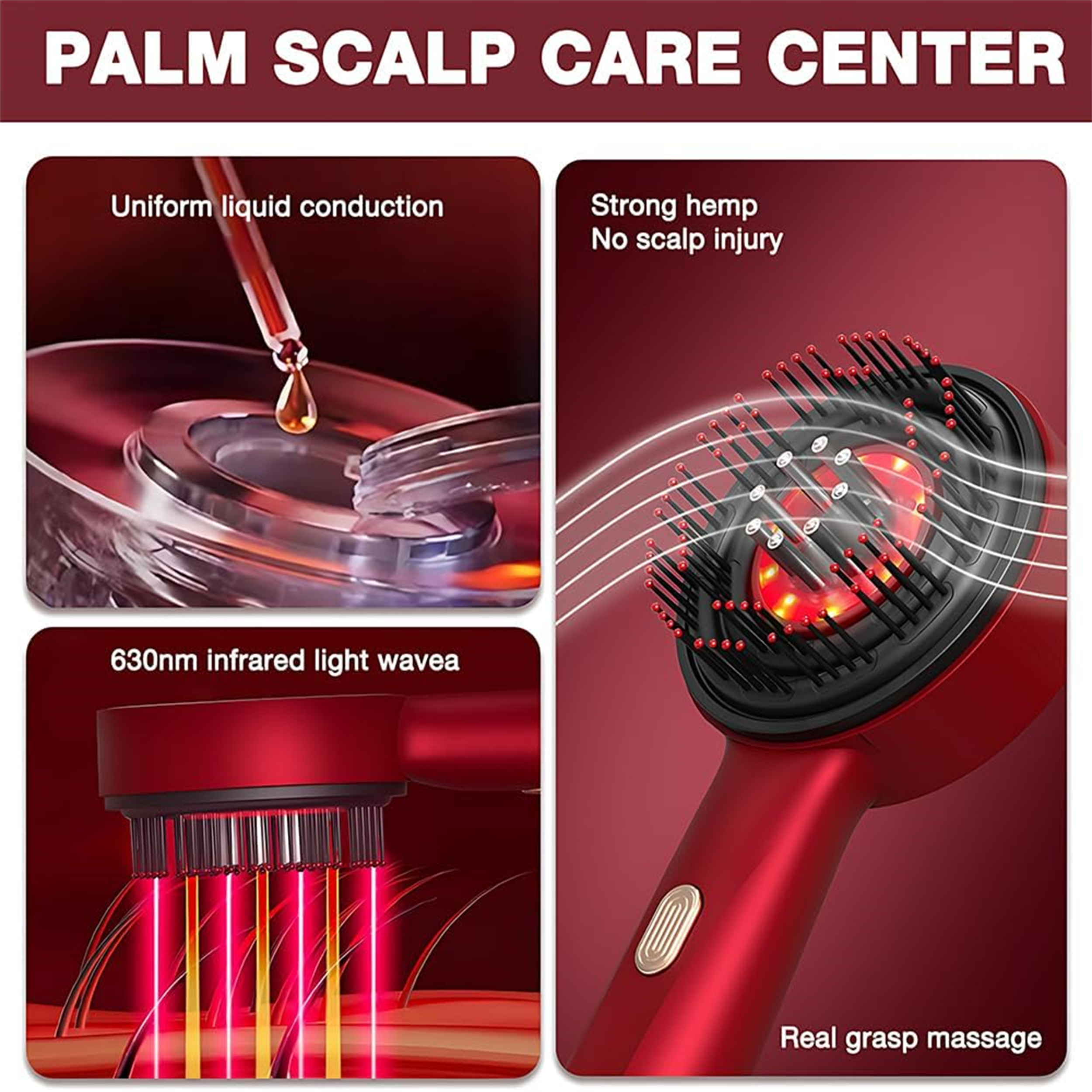 Ein rotes Kopfhautmassagegerät mit Rotlichttherapie, abgebildet mit einer Flüssigkeits-Tropfpipette.