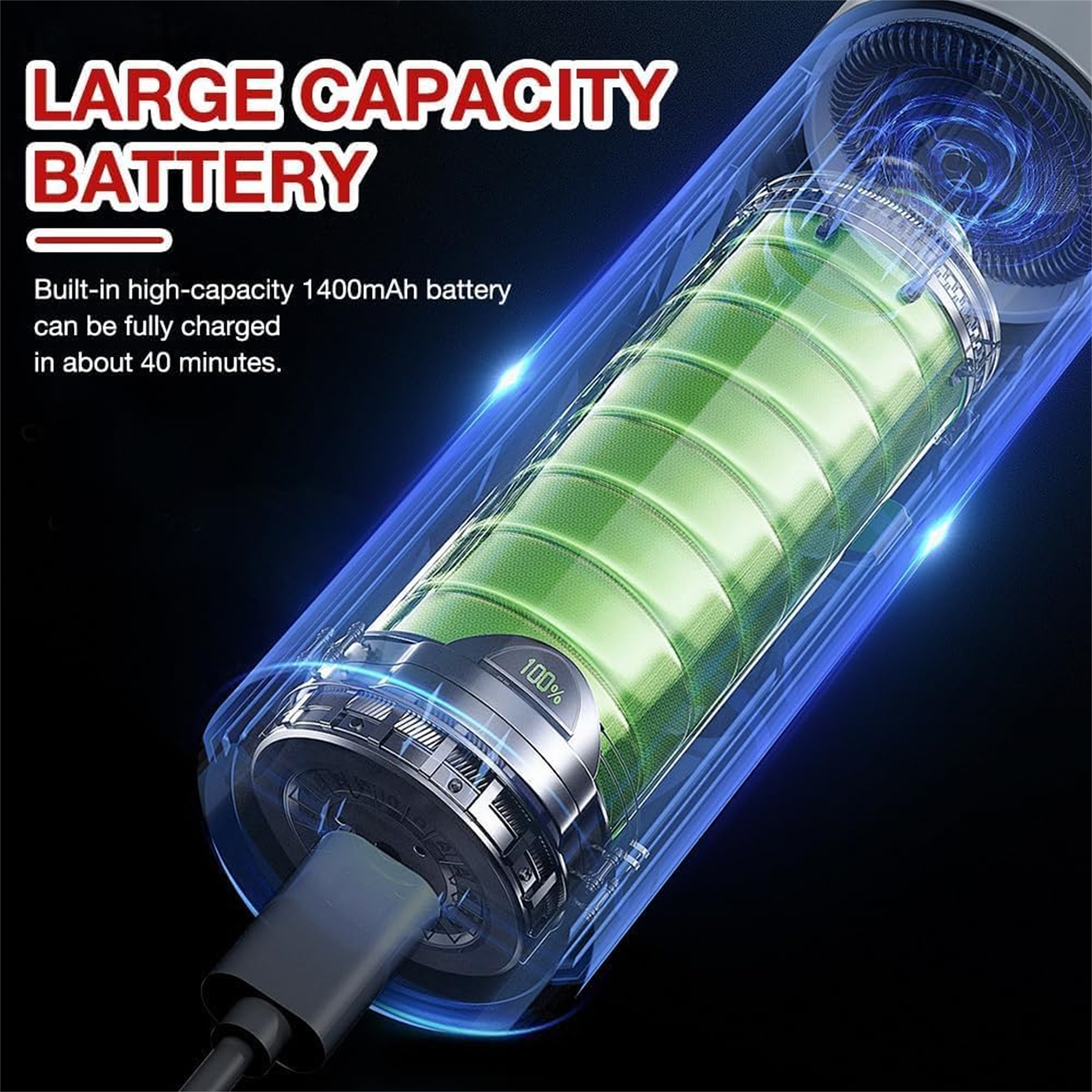Nahaufnahme einer grünen Batterie in einem transparenten Gehäuse. Text: 'GROSSE KAPAZITÄTSBATTERIE'.