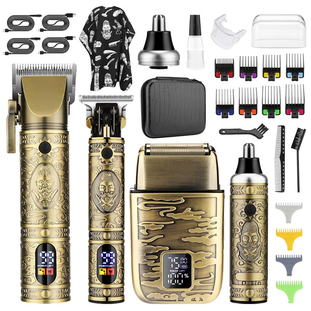 Satz goldener Clipper mit Zubehör: Kämme, Aufsätze, Reinigungsbürste und eine schwarze Tasche.