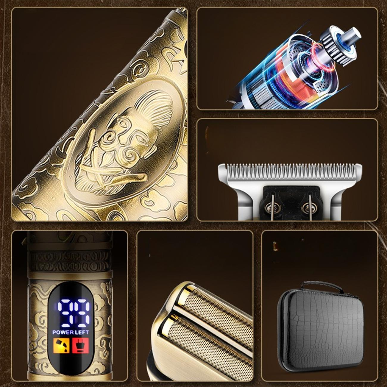 Nahaufnahme der Innenteile eines goldenen Clippers und Rasierers mit Stromanzeige und einem Etui.