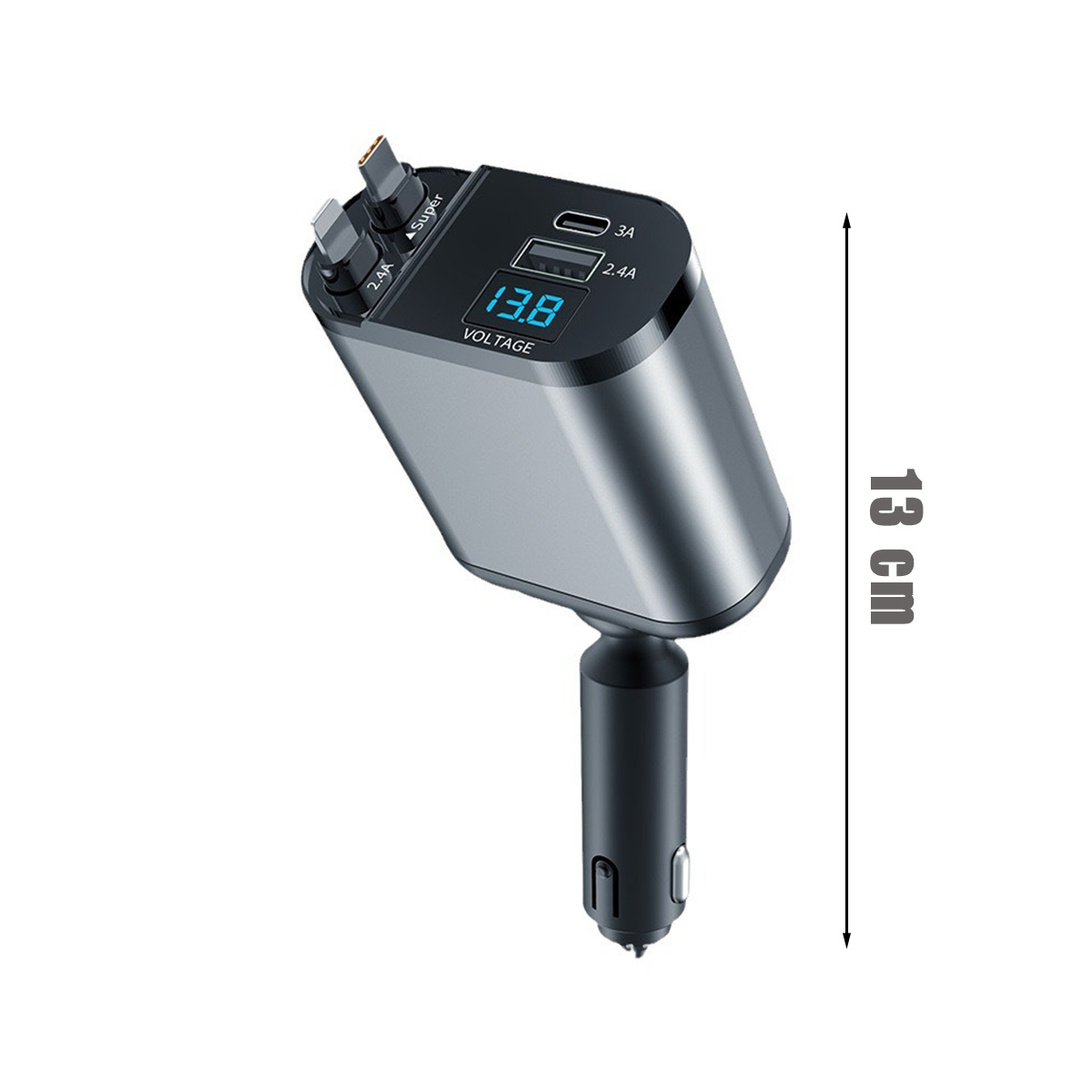 Ein silbernes Autoladegerät mit USB-Anschlüssen, Digitalanzeige (13,8 V) und 13 cm Höhe.
