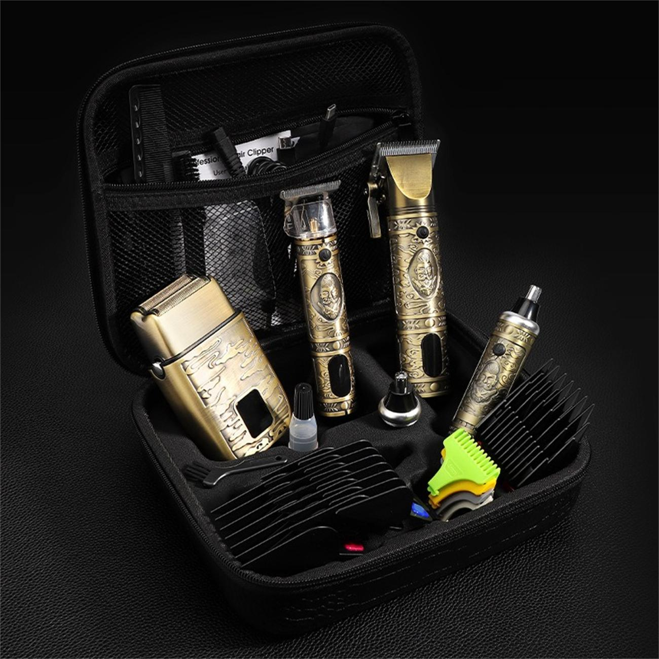 Ein offener schwarzer Koffer mit einem Set aus Clippern, Trimmer, Rasierer und Zubehör. Schwarzer Hintergrund.