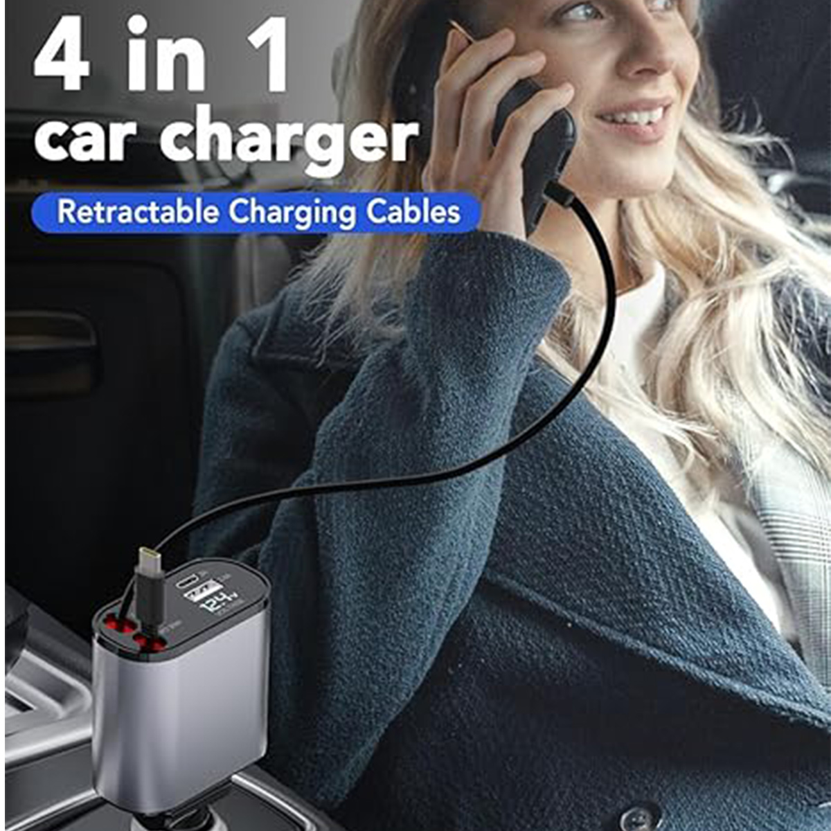 Ein Autoladegerät, das an eine Steckdose im Auto angeschlossen ist, mit USB-Anschlüssen und digitaler Spannungsanzeige.