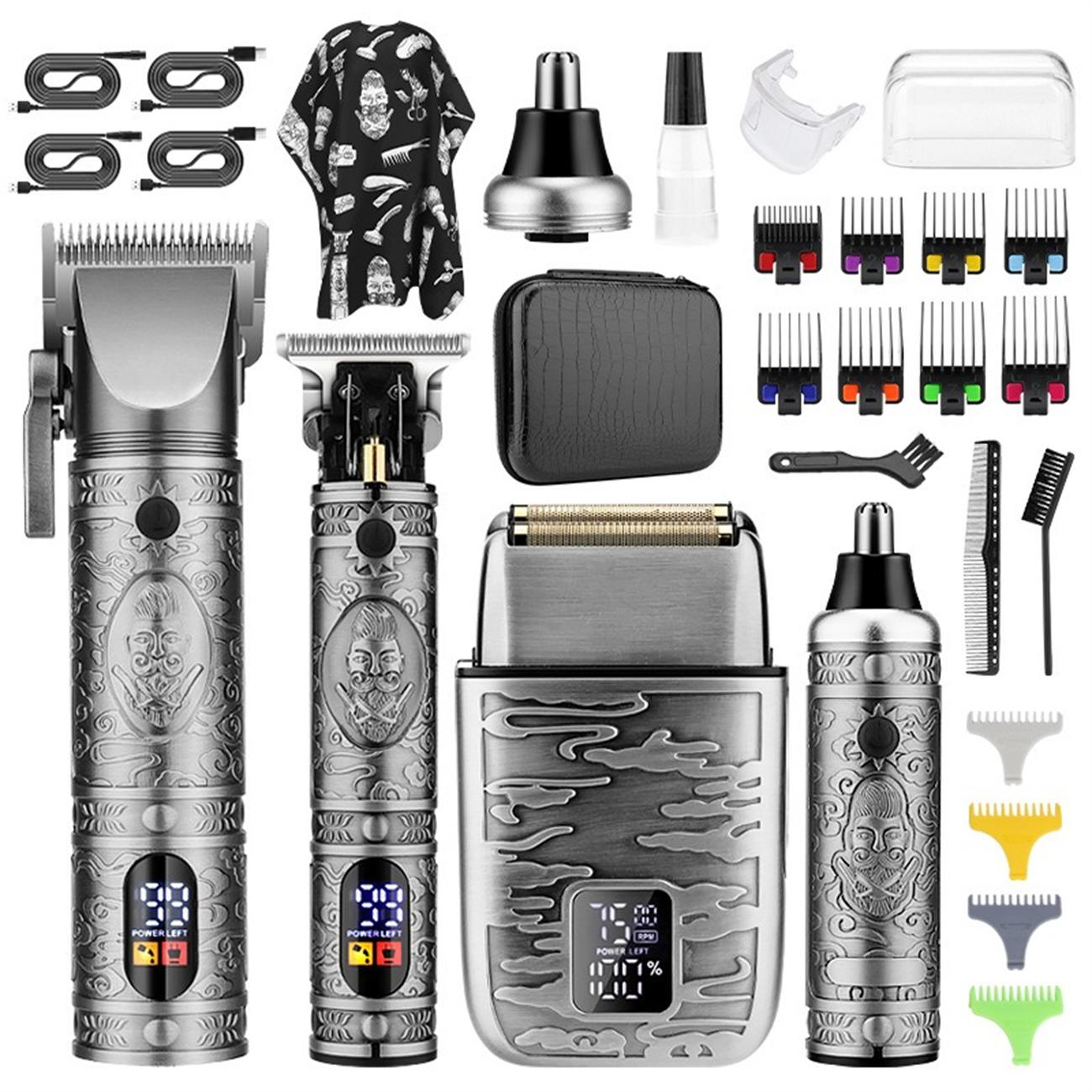 Set aus Pflege-Tools und Zubehör. Enthält Clipper, Trimmer und mehrere Aufsätze und Kabel.
