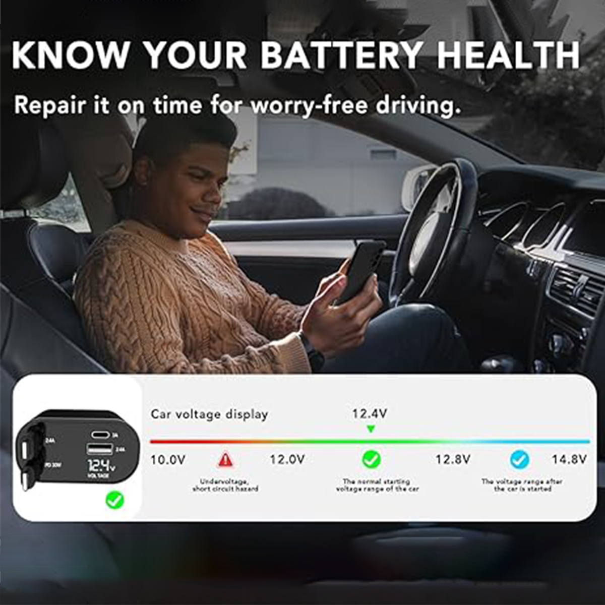 Mann im Auto mit Telefon. Batterieanzeige: 12,4V. Text: Kennen Sie Ihren Batteriezustand.