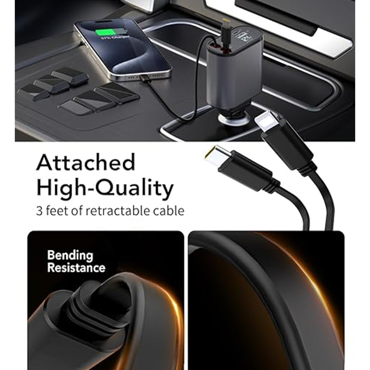 Schwarzes Autoladegerät mit ladendem Telefon. USB- und USB-C-Kabel sind angeschlossen.