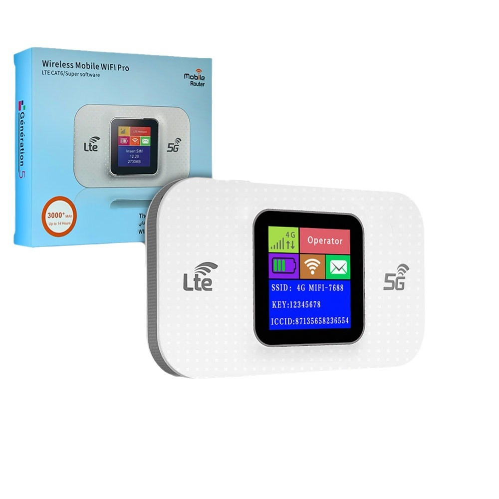 Weißer tragbarer WLAN-Router. Anzeige zeigt Signal, Betreiber und 4G. Box zeigt Router und Text.