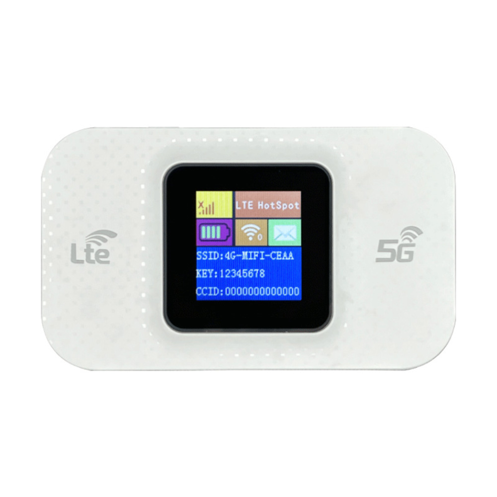 Ein weißer 5G-WLAN-Router mit kleinem Display, das Verbindungsdetails anzeigt.