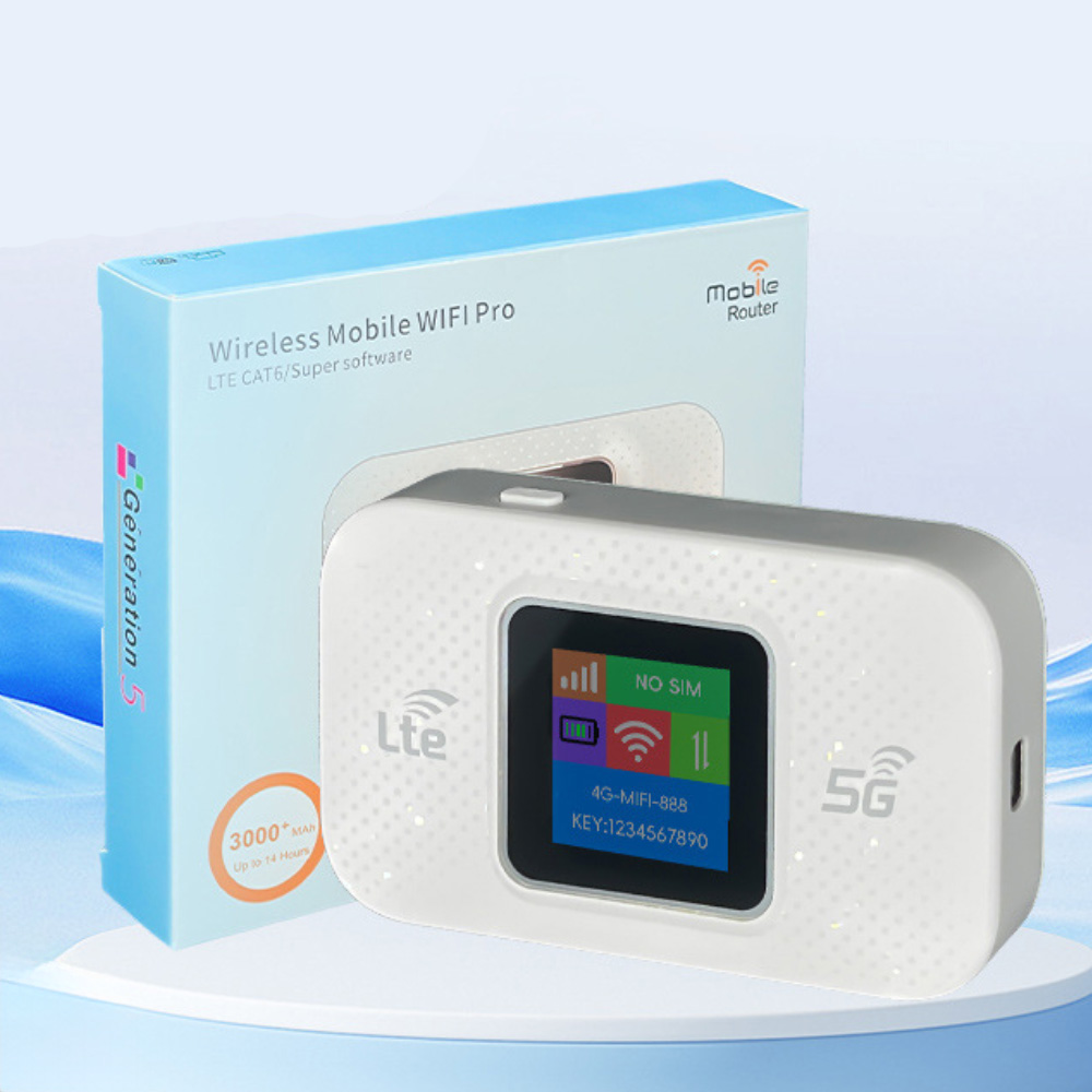 Weißer 5G-WLAN-Router mit Box. Der Router hat einen Bildschirm mit Daten.