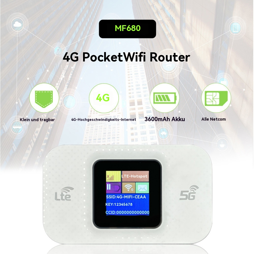 Weißer Pocket-WLAN-Router. Text: 4G Pocket WiFi Router. Symbole mit Text. Hintergrund zeigt Gebäude.