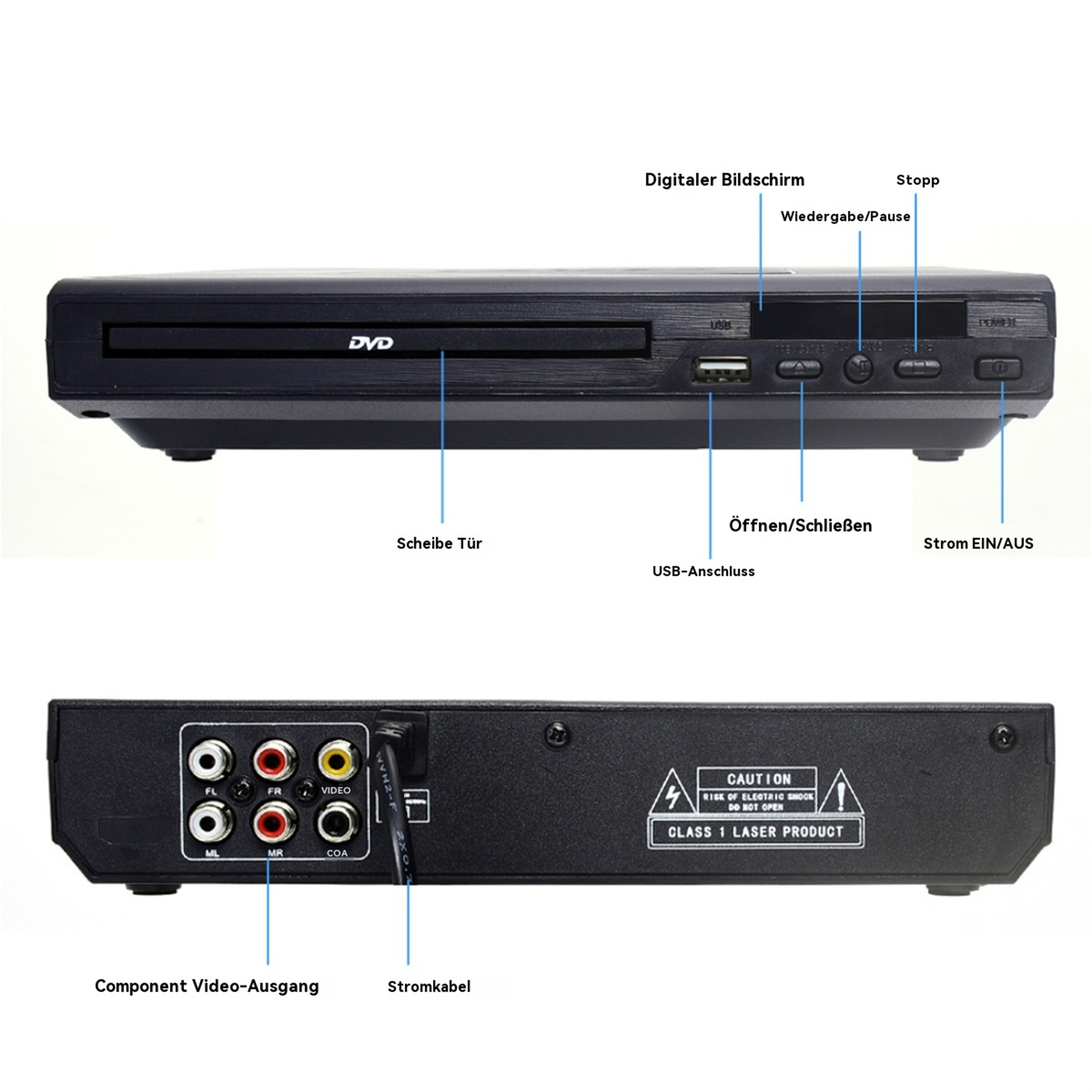Oben und unten Ansicht eines schwarzen DVD-Players. Zeigt Anschlüsse und Details der Frontplatte.