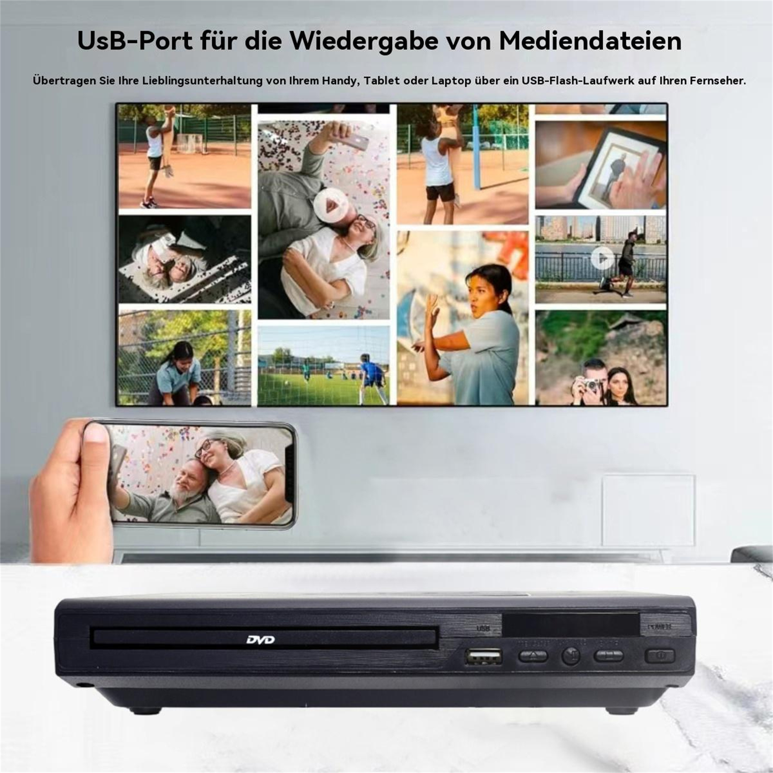 Ein DVD-Player und ein Smartphone sind mit einem Fernseher verbunden, der Bilder anzeigt.